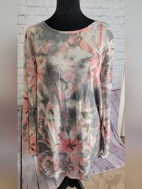 Yahada Floral Tie-Dye Long Sleeve Top - Pink & Gray